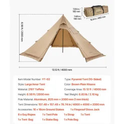 VEVOR Hot Tent for 4 Persons, Portable Winter Tipi Tent with Stove Jack, Waterproof Camping Tents, Lightweight 4 Season Shelter Tents for Hiking Fishing Backpacking, M Size