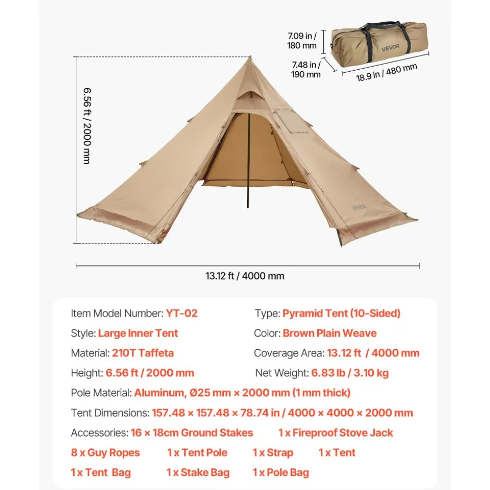 VEVOR Hot Tent for 4 Persons, Portable Winter Tipi Tent with Stove Jack, Waterproof Camping Tents, Lightweight 4 Season Shelter Tents for Hiking Fishing Backpacking, M Size