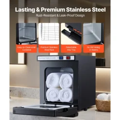 VEVOR Hot Towel Warmer, 1.1 gal Small Towel Warmer Cabinet with Clip & Stainless Steel Rack, Holds up 8-12 Towels, Portable All-Round Heating Cabinet for Spa, Barber, Manicures, Massage, Salon, Black