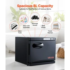 VEVOR Hot Towel Warmer, 1.76 gal Small Towel Warmer Cabinet with Clip & Stainless Steel Rack, Holds up 12 Towels, Portable All-Round Heating Cabinet for Spa, Barber, Manicures, Massage, Salon, Black