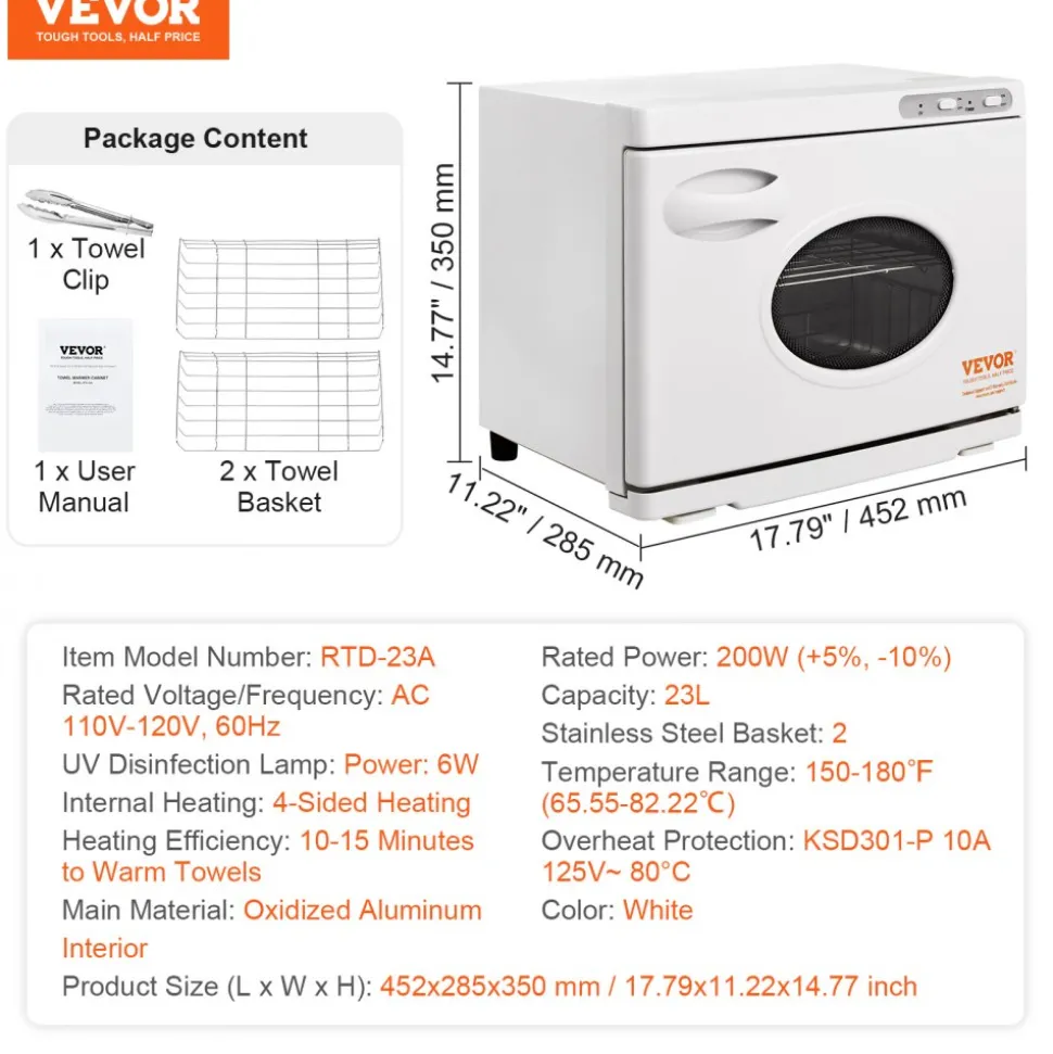 VEVOR Hot Towel Warmer,23L Large Capacity Spa Hot Towel Warmers with See Through Window, 2 Stainless Steel Racks, Holds up 50-60 Towels, 2-in-1 All-round Heating for Facials, SPA, Massage, Salon