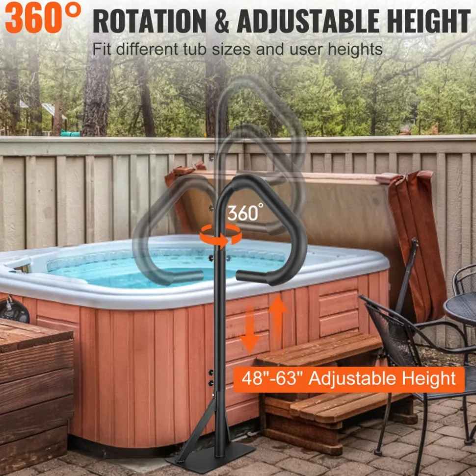 VEVOR Hot Tub Handrail, 360 Rotatable Spa Side Handrail with 48"-63" Adjustable Height, Rust-proof Aluminum Spa Step Hot Tub Hand Rail with Slide-Under Mount Base for Indoor & Outdoor, 600LBS Capacity