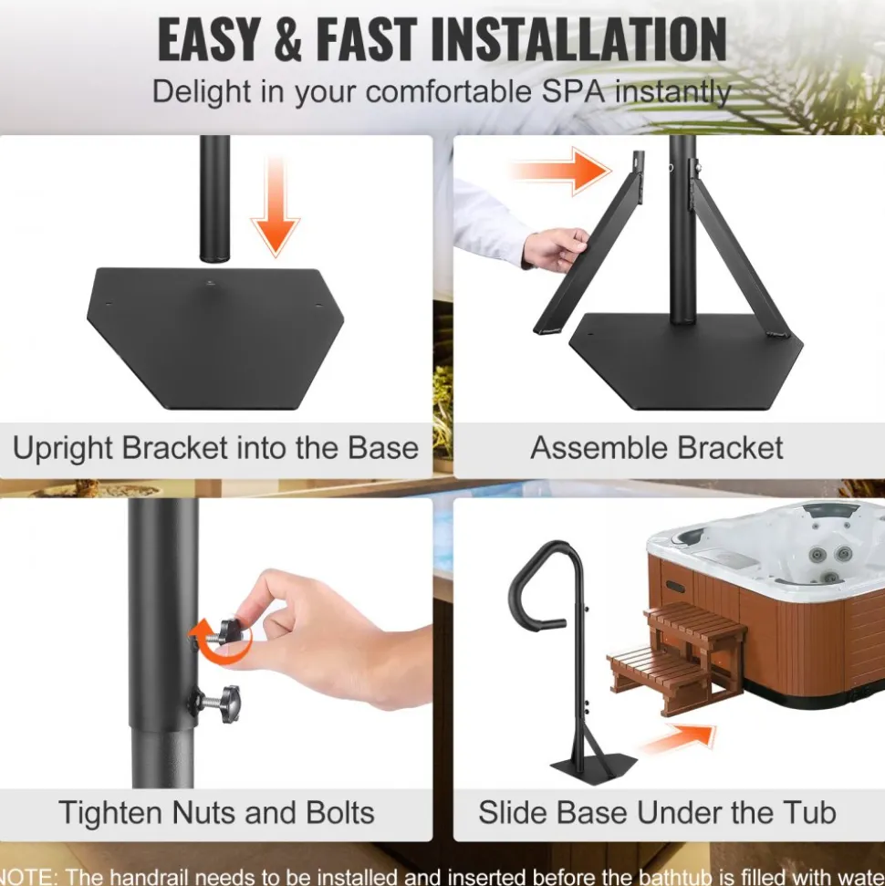 VEVOR Hot Tub Handrail, 360 Rotatable Spa Side Handrail with 48"-63" Adjustable Height, Rust-proof Aluminum Spa Step Hot Tub Hand Rail with Slide-Under Mount Base for Indoor & Outdoor, 600LBS Capacity