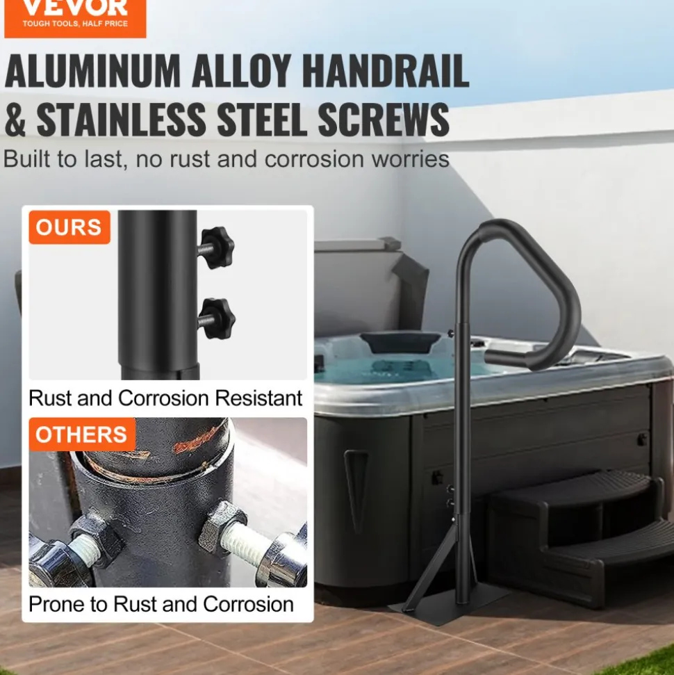 VEVOR Hot Tub Handrail, 360 Rotatable Spa Side Handrail with 48"-63" Adjustable Height, Rust-proof Aluminum Spa Step Hot Tub Hand Rail with Slide-Under Mount Base for Indoor & Outdoor, 600LBS Capacity