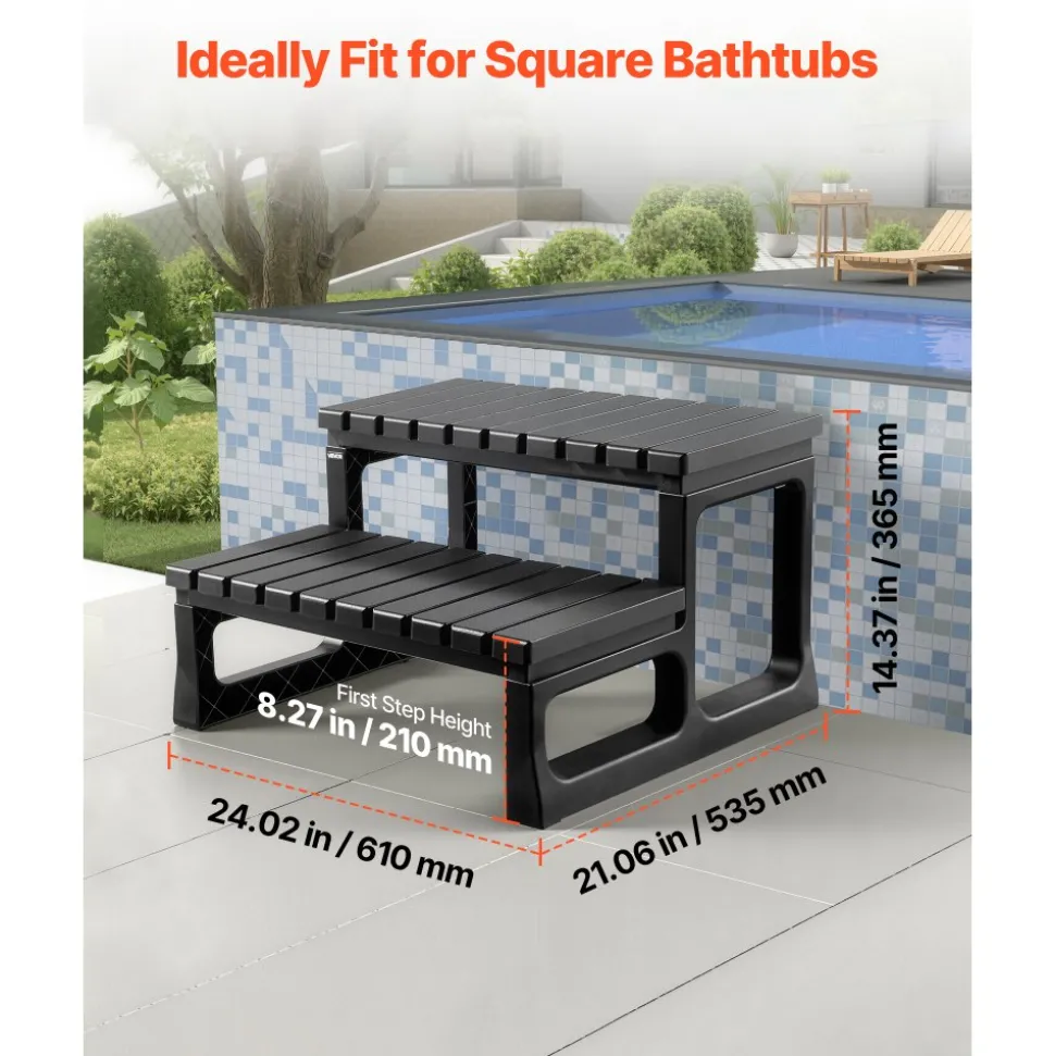VEVOR Hot Tub Steps, 2-Step Spa Outdoor Stairs, Heavy Duty 23.6 inch Wide PP Above-Ground/Inflatable Pool Ladder with 320 lbs Weight Capacity, Multi-Use for Porch, Patio, Deck, Campers, Black