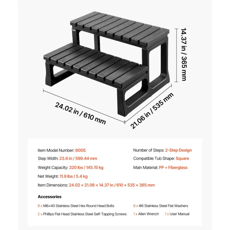 VEVOR Hot Tub Steps, 2-Step Spa Outdoor Stairs, Heavy Duty 23.6 inch Wide PP Above-Ground/Inflatable Pool Ladder with 320 lbs Weight Capacity, Multi-Use for Porch, Patio, Deck, Campers, Black