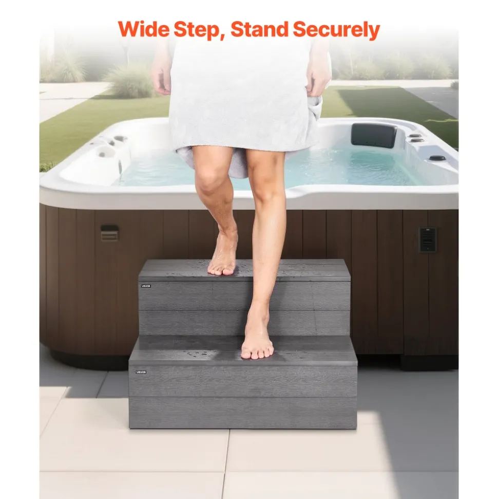VEVOR Hot Tub Steps, 2-Step Spa Outdoor Stairs, Heavy Duty 25 inch Wide HIPS Above-Ground/Inflatable Pool Ladder with 600 lbs Weight Capacity, Multi-Use for Porch, Patio, Deck, Campers, Graphite Gray