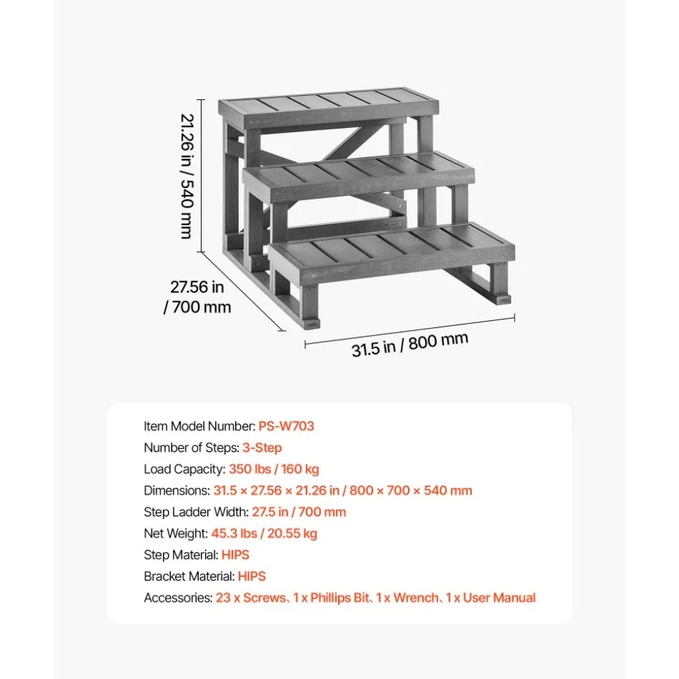 VEVOR Hot Tub Steps 3-Step Spa Stairs 27.5 in Wide Step Ladder Outdoor, 350 lbs Capacity, Sturdy HIPS Plastic, Non-Slip Foot Pads, Easy Assembly, Stable Access for Pool, RV, Home Patio and Backyard