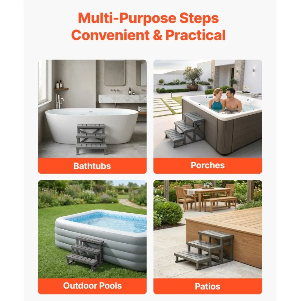 VEVOR Hot Tub Steps 3-Step Spa Stairs 27.5 in Wide Step Ladder Outdoor, 350 lbs Capacity, Sturdy HIPS Plastic, Non-Slip Foot Pads, Easy Assembly, Stable Access for Pool, RV, Home Patio and Backyard