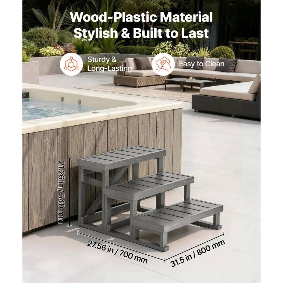 VEVOR Hot Tub Steps 3-Step Spa Stairs 27.5 in Wide Step Ladder Outdoor, 350 lbs Capacity, Sturdy HIPS Plastic, Non-Slip Foot Pads, Easy Assembly, Stable Access for Pool, RV, Home Patio and Backyard