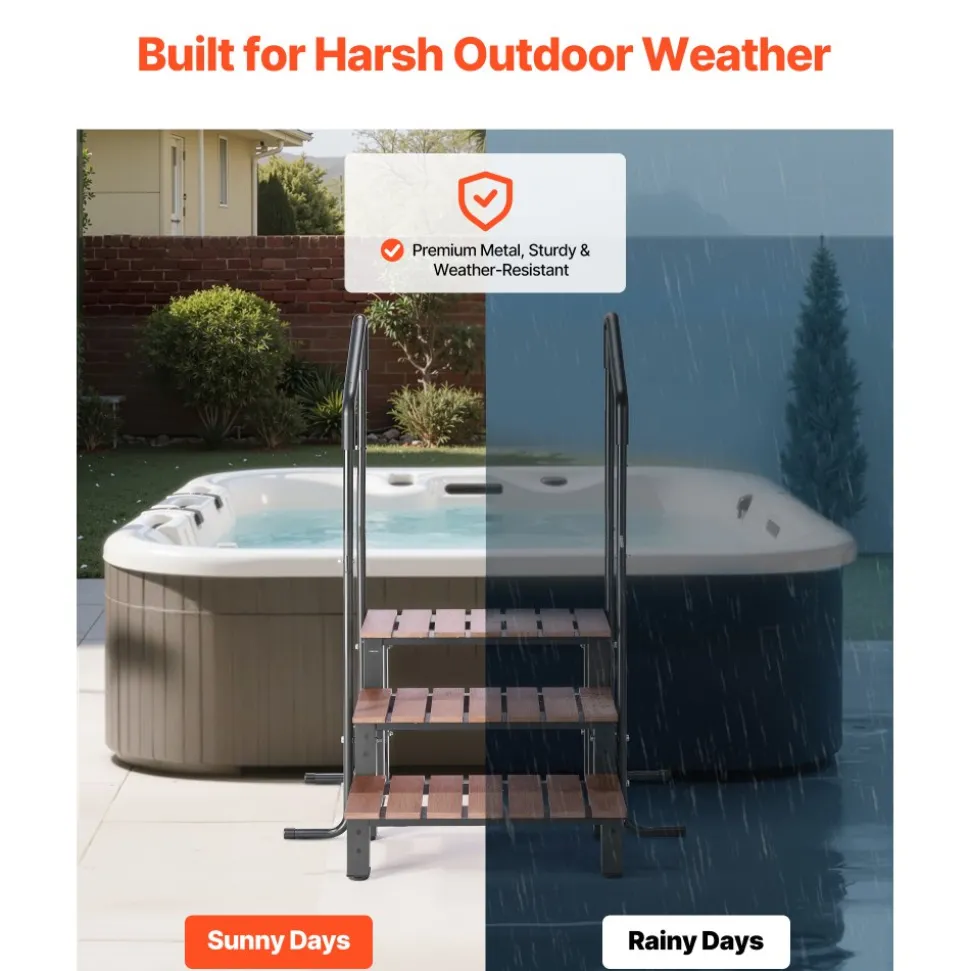 VEVOR Hot Tub Steps with Handrail, 3-Step Spa Outdoor Stairs, Heavy Duty 25.2 inch Wide Above-Ground/Inflatable Pool Ladder with 550 lbs Weight Capacity, Multi-Use for Porch, Patio, Deck, Trailers
