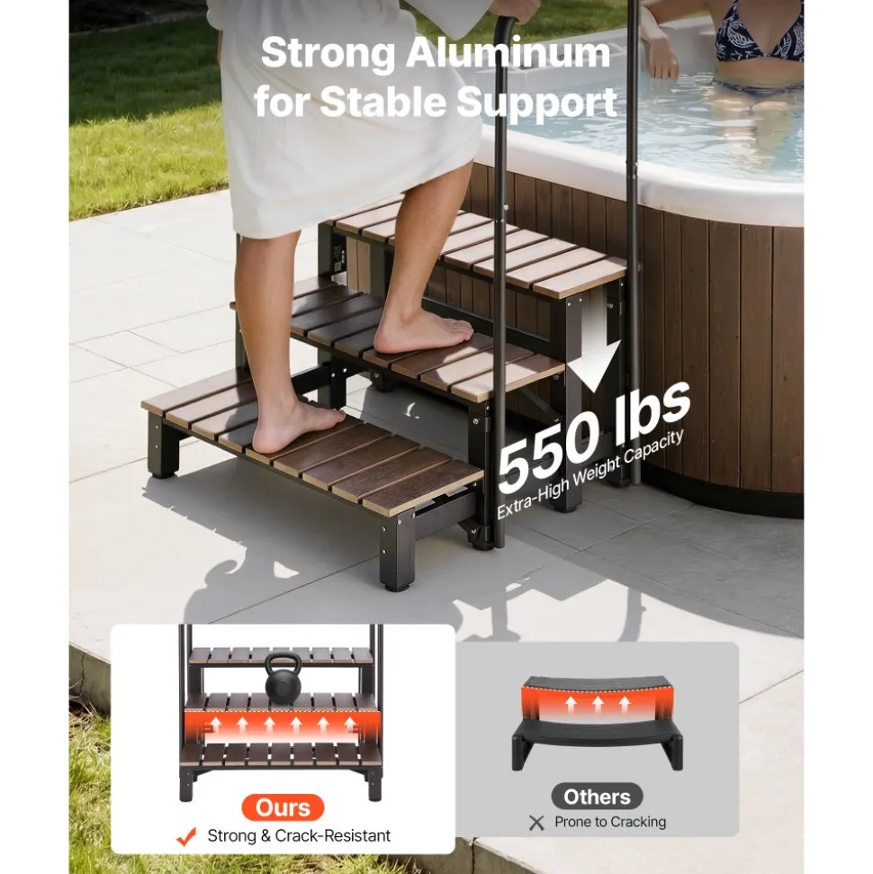 VEVOR Hot Tub Steps with Handrail 3-Step Spa Outdoor Stairs 550lbs Capacity, 32.3in Wide Step, Steel & Plastic, Easy Assembly, Non-Slip Step Ladder for Above-Ground/Inflatable Pool, RV,Patio,Deck