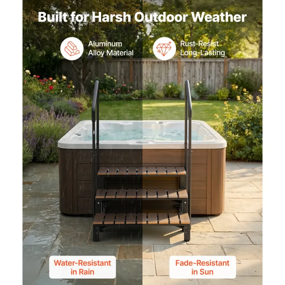 VEVOR Hot Tub Steps with Handrail 3-Step Spa Outdoor Stairs 550lbs Capacity, 32.3in Wide Step, Steel & Plastic, Easy Assembly, Non-Slip Step Ladder for Above-Ground/Inflatable Pool, RV,Patio,Deck