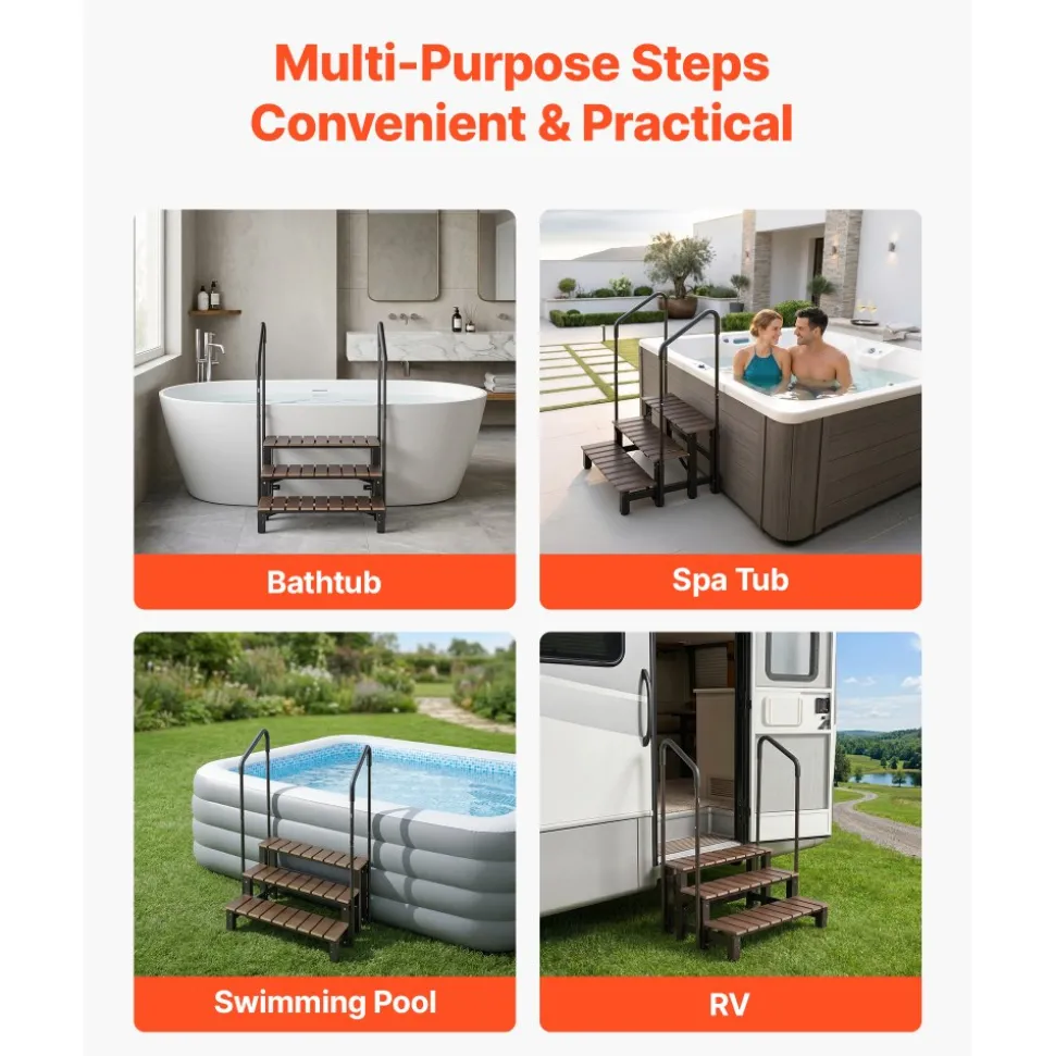 VEVOR Hot Tub Steps with Handrail 3-Step Spa Outdoor Stairs 550lbs Capacity, 32.3in Wide Step, Steel & Plastic, Easy Assembly, Non-Slip Step Ladder for Above-Ground/Inflatable Pool, RV,Patio,Deck
