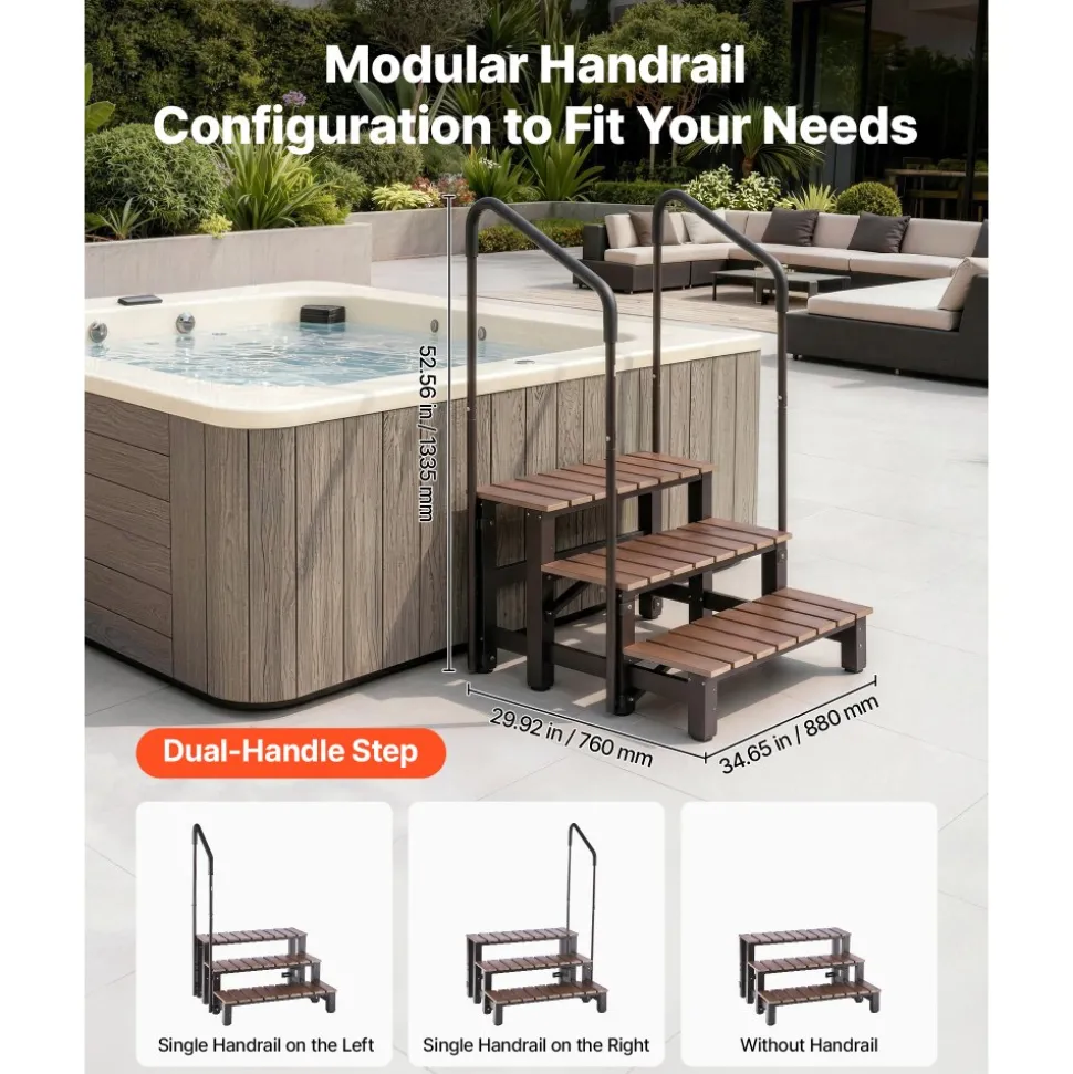 VEVOR Hot Tub Steps with Handrail 3-Step Spa Outdoor Stairs 550lbs Capacity, 32.3in Wide Step, Steel & Plastic, Easy Assembly, Non-Slip Step Ladder for Above-Ground/Inflatable Pool, RV,Patio,Deck