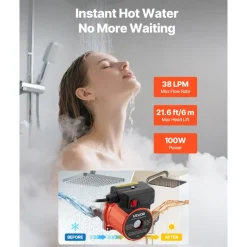 VEVOR Hot Water Recirculating Pump, 10 GPM, Instant Circulation Circulator Pump System, 3-Speed Control, 0.13 HP, 110-120V, NPT 3/4 in to NPT 1/2 in Adapter, Stainless Steel Head, for Water Heaters