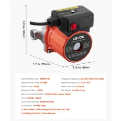 VEVOR Hot Water Recirculating Pump, with Bypass Valve, Instant Recirculation Pump Kit with Timer, Adapter, Circulation Circulator System, Stainless Steel Head, 0.13 HP 110-120V, for Tank Water Heaters
