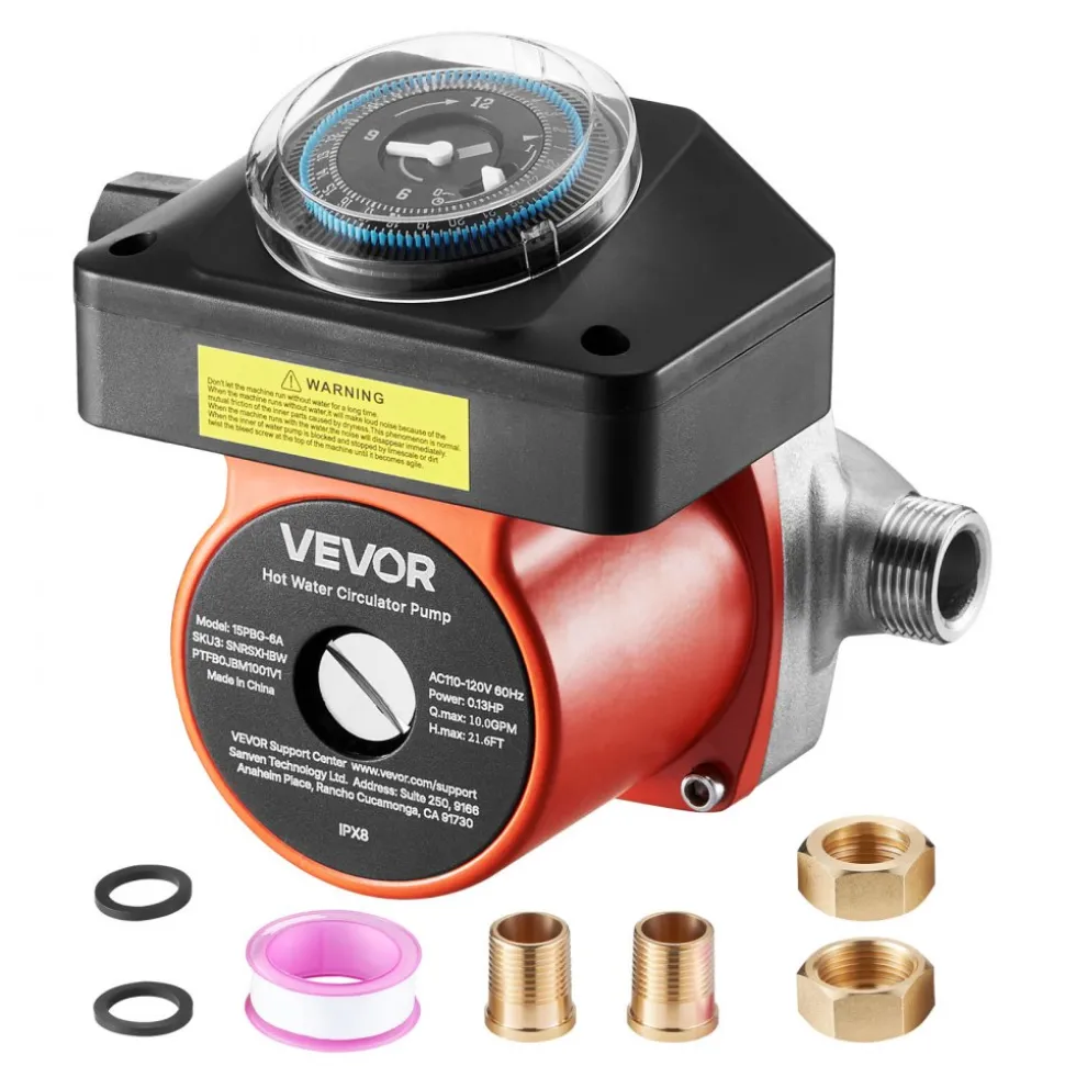 VEVOR Hot Water Recirculating Pump, with Timer, 10 GPM Instant Recirculation Pump Kit, Circulation Circulator System, 0.13 HP AC 110-120V, NPT 3/4 in to NPT 1/2 in Connector, for Solar Water Heater