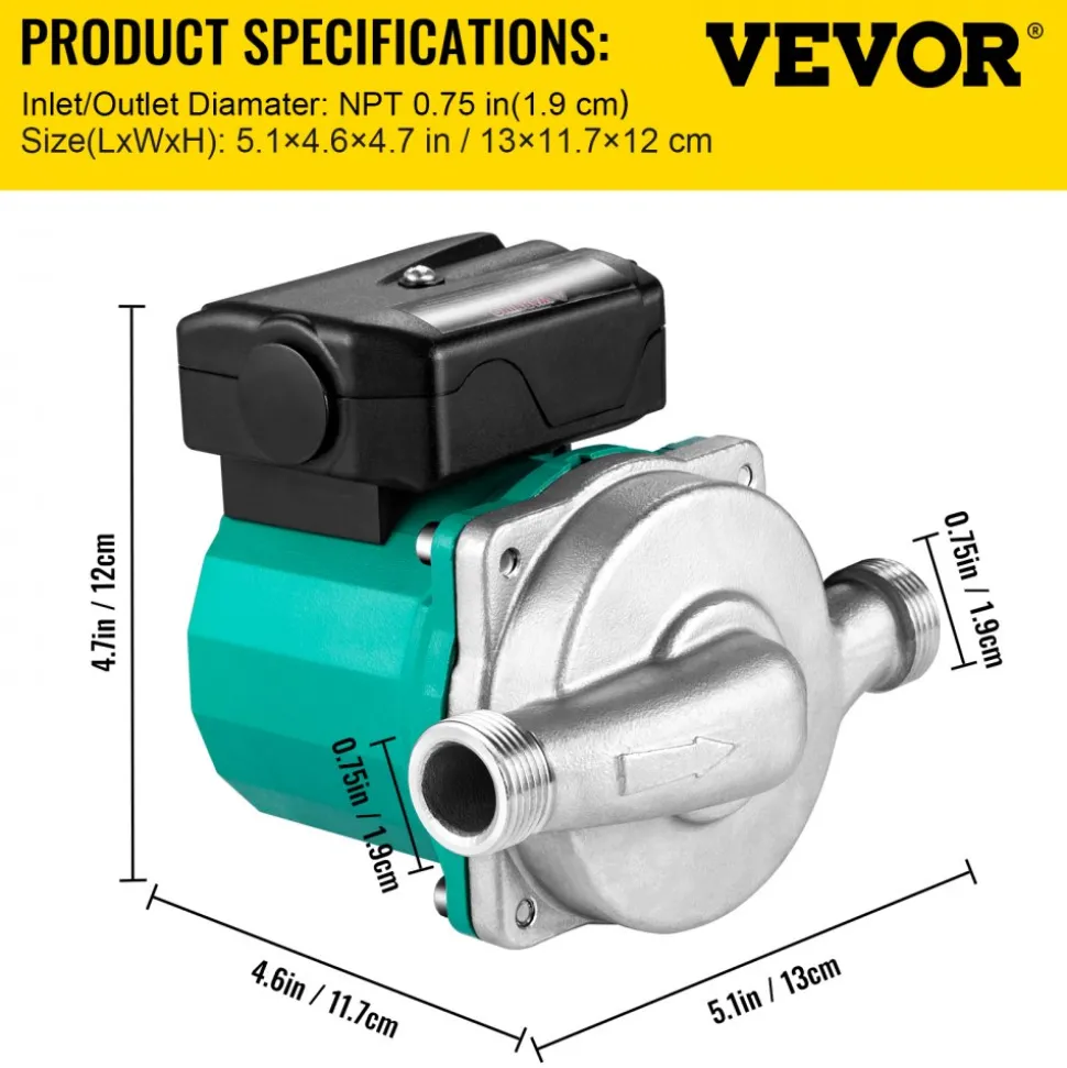 VEVOR Hot Water Recirculating Pump, 93W, 110V Water Circulator Pump, Circulation Pump, 3/4″ G Thread to 1/2″ NPT Brass Adapter, Stainless Steel Head, 3 Speed Control for Electric Water Heater System