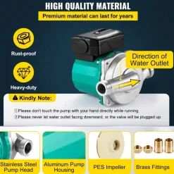VEVOR Hot Water Recirculating Pump, 93W, 110V Water Circulator Pump, Circulation Pump, 3/4″ G Thread to 1/2″ NPT Brass Adapter, Stainless Steel Head, 3 Speed Control for Electric Water Heater System