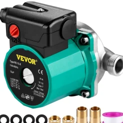 VEVOR Hot Water Recirculating Pump, 93W, 110V Water Circulator Pump, Circulation Pump, 3/4″ G Thread to 1/2″ NPT Brass Adapter, Stainless Steel Head, 3 Speed Control for Electric Water Heater System