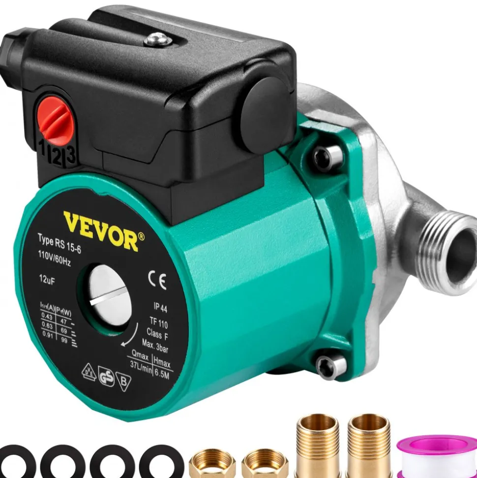 VEVOR Hot Water Recirculating Pump, 93W, 110V Water Circulator Pump, Circulation Pump, 3/4″ G Thread to 1/2″ NPT Brass Adapter, Stainless Steel Head, 3 Speed Control for Electric Water Heater System