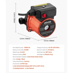 VEVOR Hot Water Recirculating Pump, 10 GPM, Instant Circulation Circulator Pump System, 3-Speed Control, 0.13 HP, 110-120V, NPT 3/4 in to NPT 1/2 in Adapter, Cast Iron Head, for Water Heater System