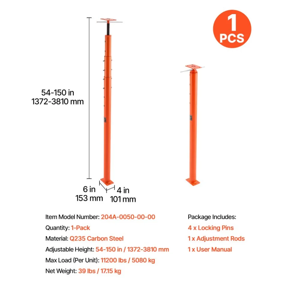 VEVOR House Floor Jack, 54"-150" Height Range, 11200 lbs Max Load Capacity, Adjustable Support Beam Basement Jack Post Pole for Leveling, Lift Support Steel Telescoping Jack for Temporary Support