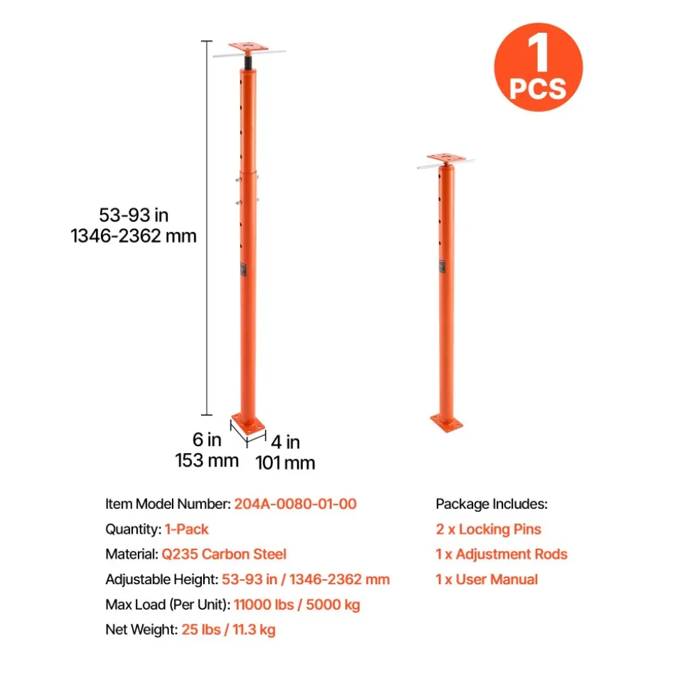 VEVOR House Floor Jack, 53"-93" Height Range, 18000 lbs Max Load Capacity, Adjustable Support Beam Basement Jack Post Pole for Leveling, Lift Support Steel Telescoping Jack Post for Temporary Support