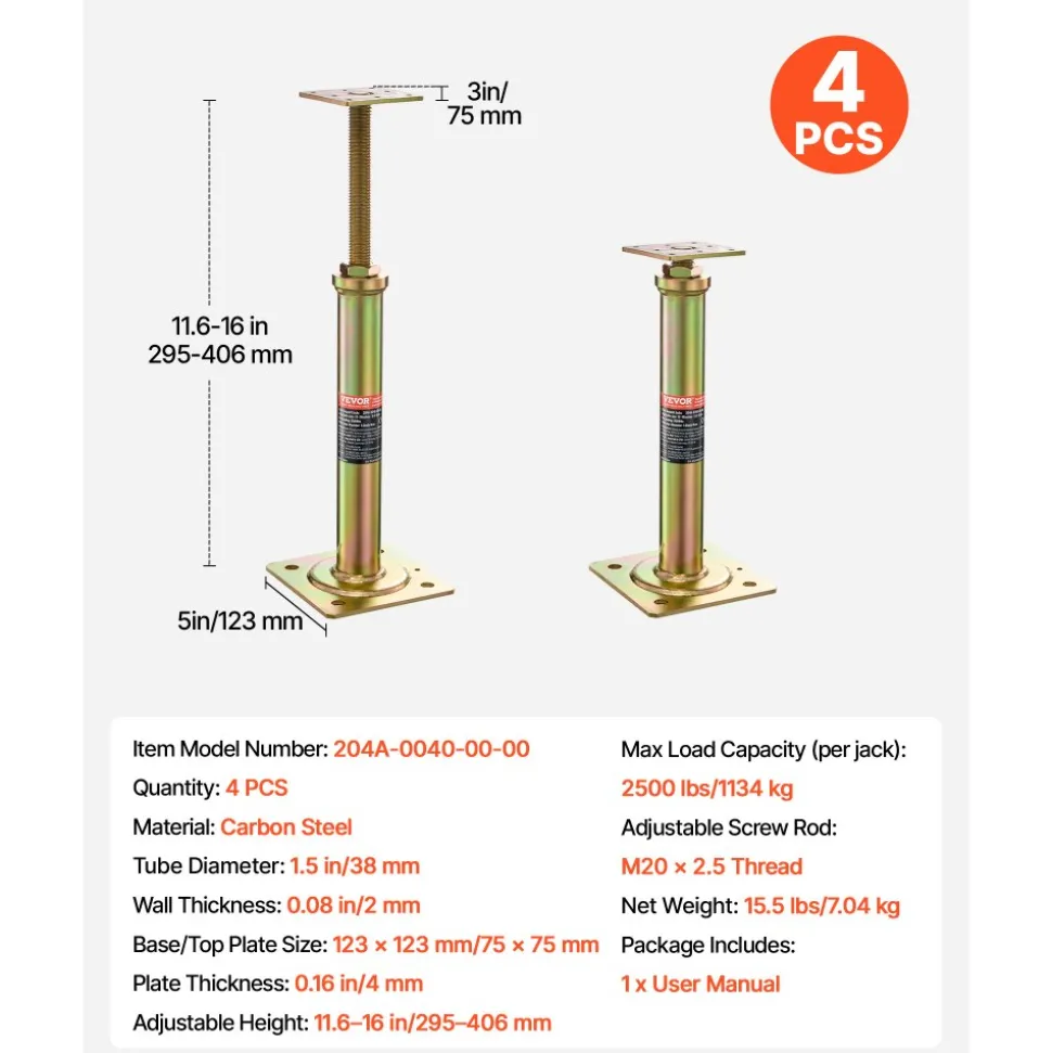 VEVOR House Floor Jacks, 4 Pack, 11.6"-16" Height Range, 2500 lbs Max Load Capacity Per Unit, Adjustable Support Beam Basement Jack Post for Leveling, Galvanized Telescoping Jack for Temporary Support