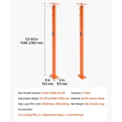 VEVOR House Floor Jacks, 2 Pack 53-93 Inch Height Range, 18000 lbs Max Load Capacity, Adjustable Support Beam Basement Jack Post Pole for Leveling, Lift Steel Telescoping Post for Temporary Support