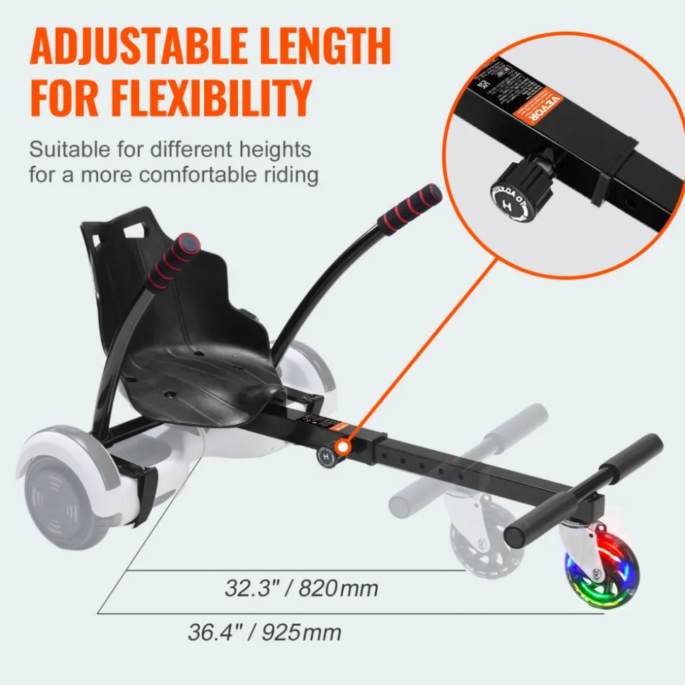 VEVOR Hoverboard Seat Attachment(Not included hoverboards), for 6.5" 8" 8.5" 10" Hoverboards, with LED Lights, Grips Control, Adjustable Frame Length and 220 LBS Load Capacity, Hover Board Go Karts Accessory, for Kids Adults