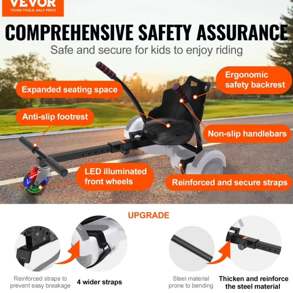 VEVOR Hoverboard Seat Attachment(Not included hoverboards), for 6.5" 8" 8.5" 10" Hoverboards, with LED Lights, Grips Control, Adjustable Frame Length and 220 LBS Load Capacity, Hover Board Go Karts Accessory, for Kids Adults