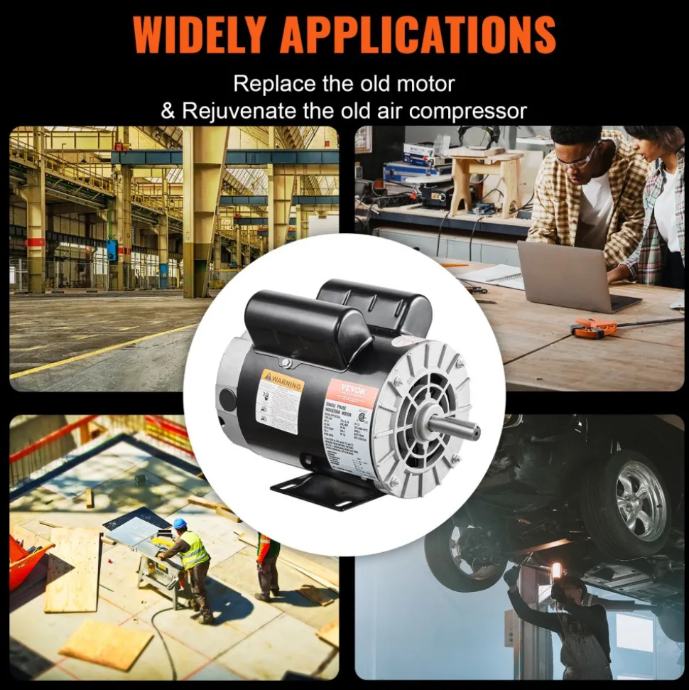 VEVOR 3HP Air Compressor Electric Motor, 230V 15.5 Amps, 56 Frame 3450RPM, 5/8" Keyed Shaft, 1.88" Shaft Length, Single Phase, CW/CCW Rotation (Factory Setting is CCW)