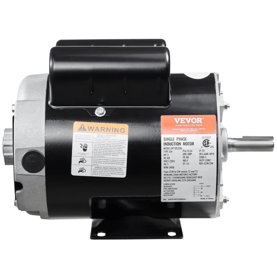VEVOR 3HP Air Compressor Electric Motor, 230V 15.5 Amps, 56 Frame 3450RPM, 5/8" Keyed Shaft, 1.88" Shaft Length, Single Phase, CW/CCW Rotation (Factory Setting is CCW)
