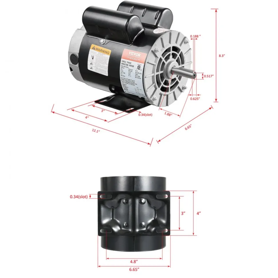 VEVOR 3HP Air Compressor Electric Motor, 230V 15.5 Amps, 56 Frame 3450RPM, 5/8" Keyed Shaft, 1.88" Shaft Length, Single Phase, CW/CCW Rotation (Factory Setting is CCW)
