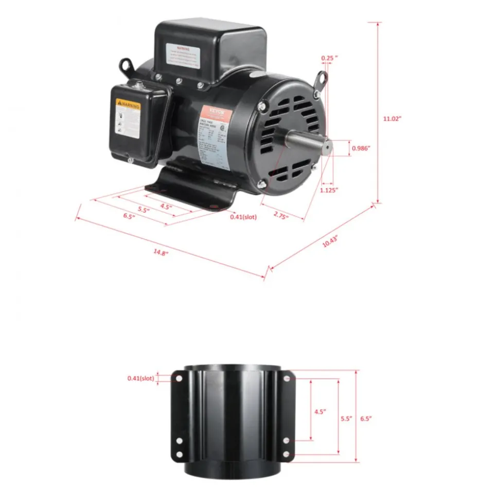 VEVOR 5HP Air Compressor Electric Motor, 230V 25 Amps, 56HZ Frame 3450RPM, 7/8" Keyed Shaft, 2.25" Shaft Length, Single Phase, CCW/CW (Factory Setting is CCW)
