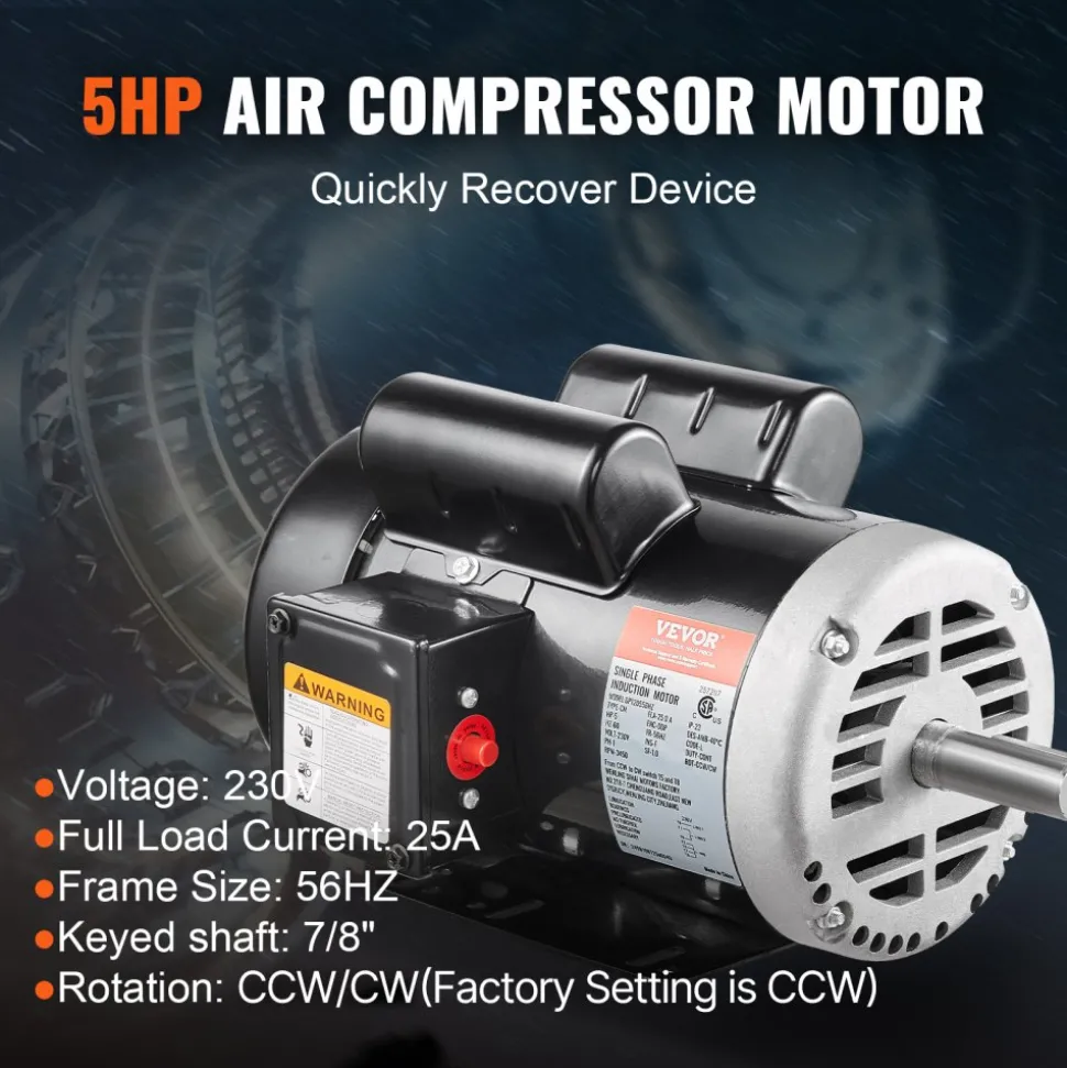 VEVOR 5HP Air Compressor Electric Motor, 230V 25 Amps, 56HZ Frame 3450RPM, 7/8" Keyed Shaft, 2.25" Shaft Length, Single Phase, CCW/CW (Factory Setting is CCW)