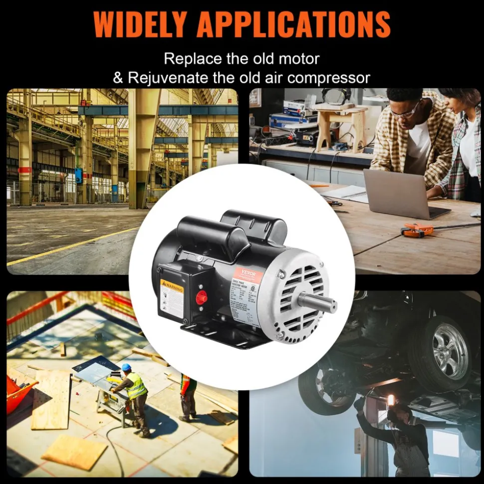 VEVOR 5HP Air Compressor Electric Motor, 230V 25 Amps, 56HZ Frame 3450RPM, 7/8" Keyed Shaft, 2.25" Shaft Length, Single Phase, CCW/CW (Factory Setting is CCW)