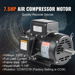 VEVOR 7.5HP Air Compressor Motor, 230V 31.6 Amps Electric Motor, 3450RPM 184T Frame, 1-1/8
