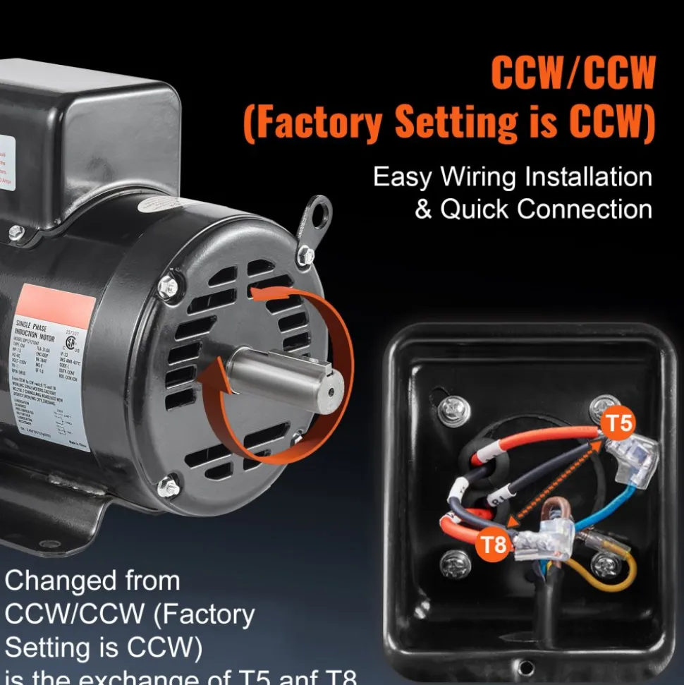 VEVOR 7.5HP Air Compressor Motor, 230V 31.6 Amps Electric Motor, 3450RPM 184T Frame, 1-1/8" Keyed Shaft, 2.75" Shaft Length for Air Compressors, Single Phase, CCW/CCW (Factory Setting is CCW)