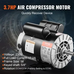 VEVOR 3.7HP Air Compressor Motor, 3450RPM Electric Motor, 230V 17.2 Amps, 5/8