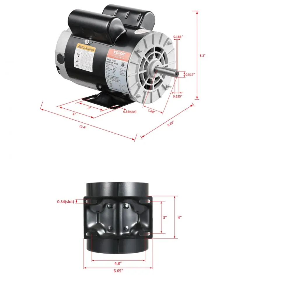 VEVOR 3.7HP Air Compressor Motor, 3450RPM Electric Motor, 230V 17.2 Amps, 5/8" Keyed Shaft 56 Frame, 1.88" Shaft Length, Single Phase, CCW/CW Rotation (Factory Setting is CCW)
