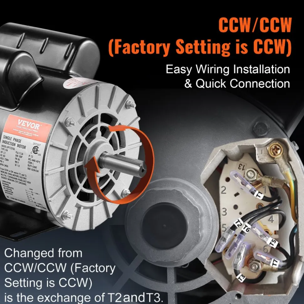 VEVOR 3.7HP Air Compressor Motor, 3450RPM Electric Motor, 230V 17.2 Amps, 5/8" Keyed Shaft 56 Frame, 1.88" Shaft Length, Single Phase, CCW/CW Rotation (Factory Setting is CCW)