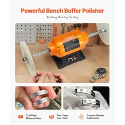 VEVOR 1/2HP Bench Buffer Polisher, 8-inch Bench Polishing Buffing Machine, 1725RPM/3450RPM Dual Speed Benchtop Polisher with 2PCS Cotton Wheels & Cast Iron Base for Metal, Jewelry, Wood Polishing