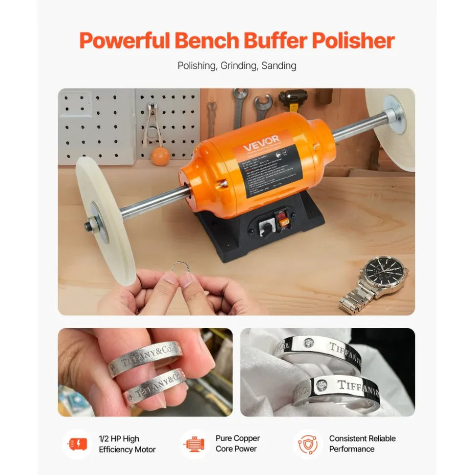 VEVOR 1/2HP Bench Buffer Polisher, 8-inch Bench Polishing Buffing Machine, 1725RPM/3450RPM Dual Speed Benchtop Polisher with 2PCS Cotton Wheels & Cast Iron Base for Metal, Jewelry, Wood Polishing