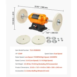 VEVOR 1/2HP Bench Buffer Polisher, 8-inch Bench Polishing Buffing Machine, 1725RPM/3450RPM Dual Speed Benchtop Polisher with 2PCS Cotton Wheels & Cast Iron Base for Metal, Jewelry, Wood Polishing