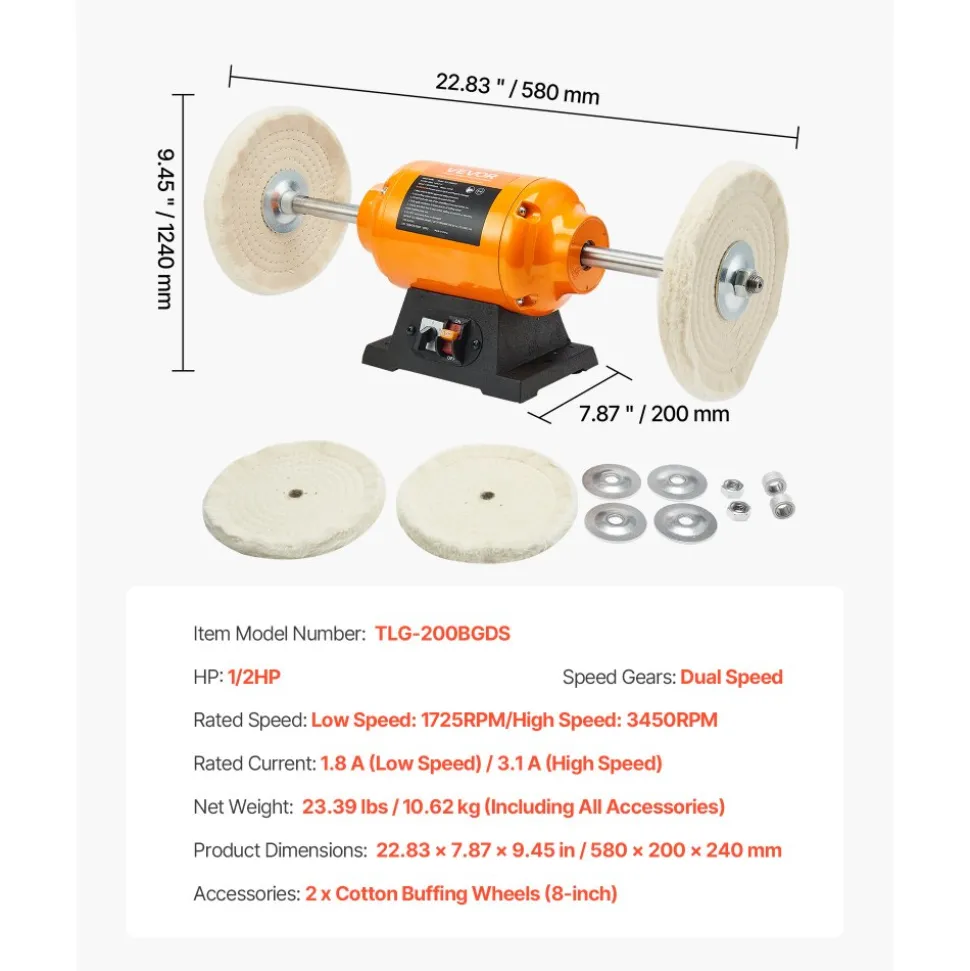 VEVOR 1/2HP Bench Buffer Polisher, 8-inch Bench Polishing Buffing Machine, 1725RPM/3450RPM Dual Speed Benchtop Polisher with 2PCS Cotton Wheels & Cast Iron Base for Metal, Jewelry, Wood Polishing