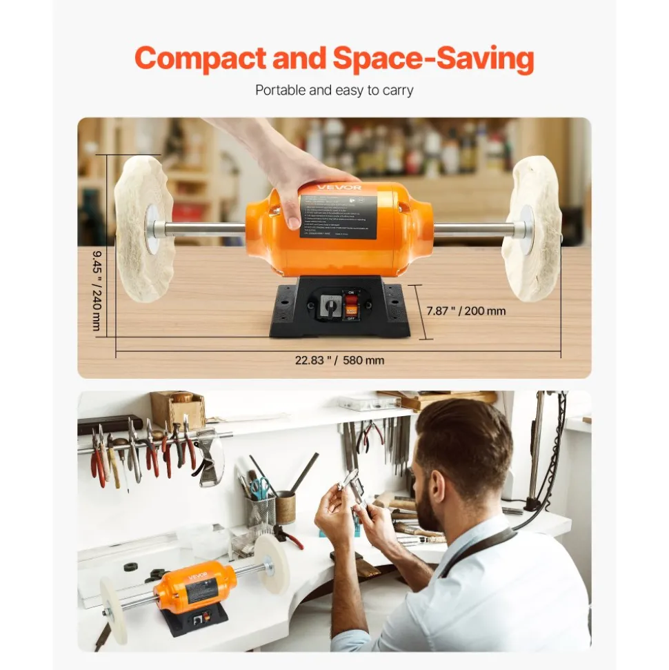 VEVOR 1/2HP Bench Buffer Polisher, 8-inch Bench Polishing Buffing Machine, 1725RPM/3450RPM Dual Speed Benchtop Polisher with 2PCS Cotton Wheels & Cast Iron Base for Metal, Jewelry, Wood Polishing