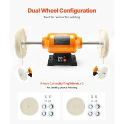VEVOR 1/2HP Bench Buffer Polisher, 8-inch Bench Polishing Buffing Machine, 1725RPM/3450RPM Dual Speed Benchtop Polisher with 2PCS Cotton Wheels & Cast Iron Base for Metal, Jewelry, Wood Polishing